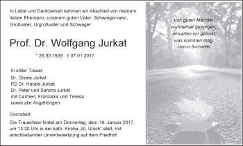 Traueranzeige von Wolfgang Jurkat von Südwest Presse