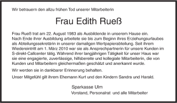 Traueranzeige von Edith Rueß von Südwest Presse