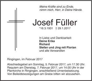 Traueranzeige von Josef Füller von Südwest Presse