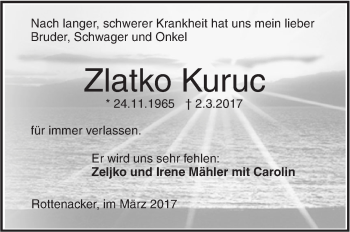 Traueranzeige von Zlatko Kuruc von Ehinger Tagblatt