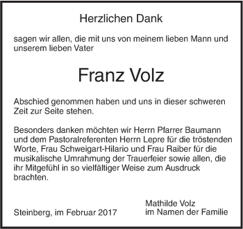 Traueranzeige von Franz Volz von Südwest Presse