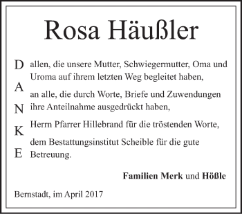 Traueranzeige von Rosa Häußler von Südwest Presse