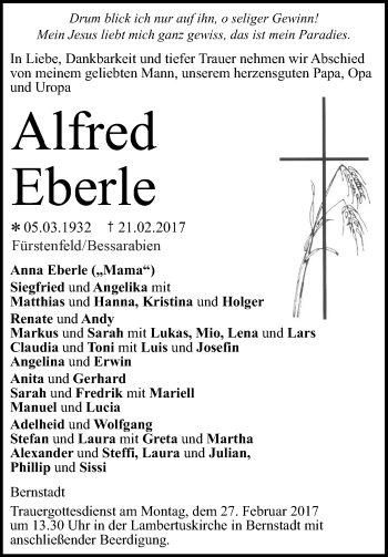 Traueranzeige von Alfred Eberle von Südwest Presse