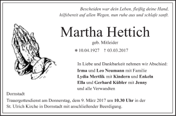 Traueranzeige von Martha Hettich von Südwest Presse