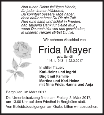 Traueranzeige von Frida Mayer von Südwest Presse