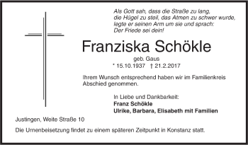 Traueranzeige von Franziska Schökle von Ehinger Tagblatt