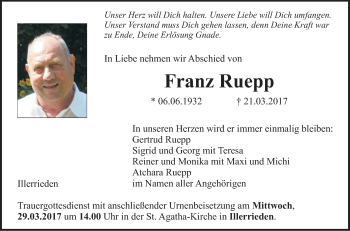 Traueranzeige von Franz Ruepp von Illertal Bote