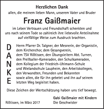 Traueranzeige von Franz Gaißmaier von Ehinger Tagblatt