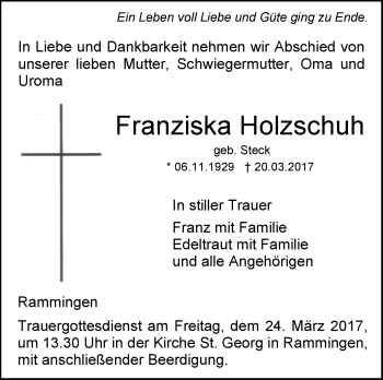 Traueranzeige von Franziska Holzschuh von Südwest Presse