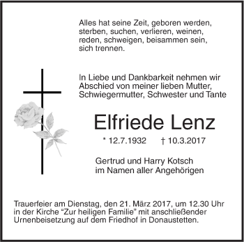 Traueranzeige von Elfriede Lenz von Südwest Presse