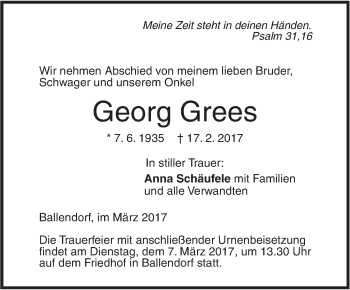 Traueranzeige von Georg Grees von Südwest Presse