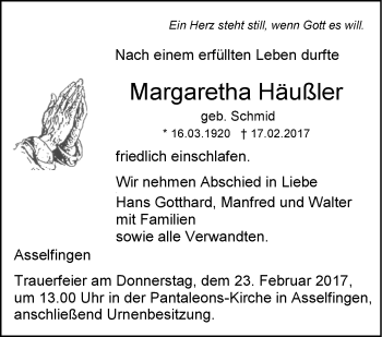 Traueranzeige von Margaretha Häußler von Südwest Presse