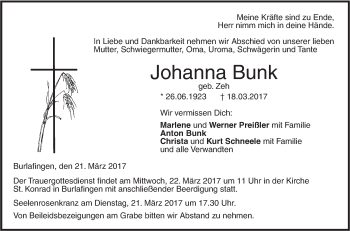 Traueranzeige von Johanna Bunk von Südwest Presse