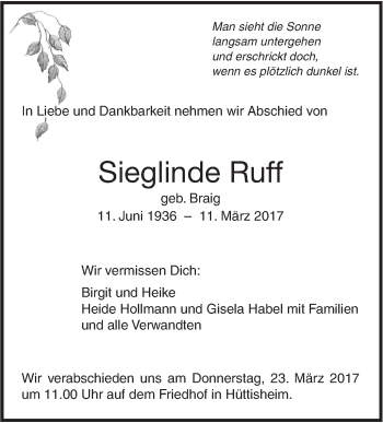 Traueranzeige von Sieglinde Ruff von Südwest Presse