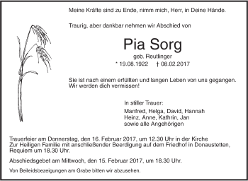 Traueranzeige von Pia Sorg von Südwest Presse