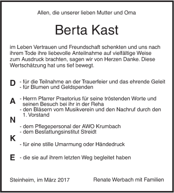 Traueranzeige von Berta Kast von Südwest Presse