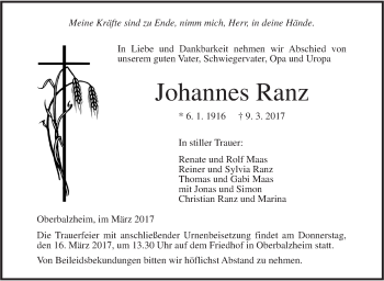 Traueranzeige von Johannes Ranz von Illertal Bote