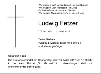 Traueranzeige von Ludwig Fetzer von Südwest Presse