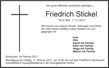 Traueranzeige von Friedrich Stickel von Südwest Presse