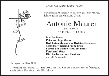 Traueranzeige von Antonie Maurer von Ehinger Tagblatt