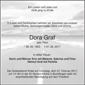 Traueranzeige von Dora Graf von Südwest Presse