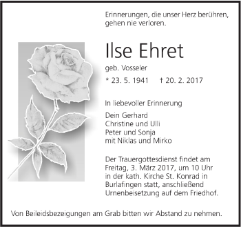 Traueranzeige von Ilse Ehret von Südwest Presse