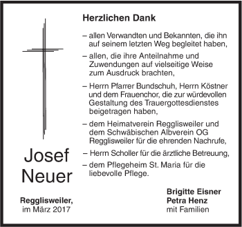 Traueranzeige von Josef Neuer von Illertal Bote