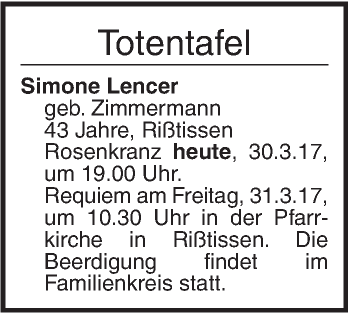 Traueranzeige von Totentafel vom 30.03.2017 von Ehinger Tagblatt