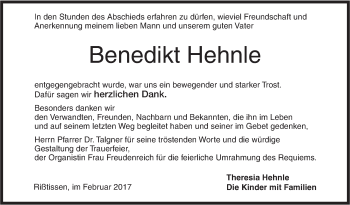 Traueranzeige von Benedikt Hehnle von Ehinger Tagblatt