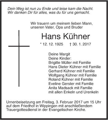 Traueranzeige von Hans Kühner von Südwest Presse