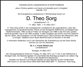 Traueranzeige von D. Theo Sorg von Südwest Presse