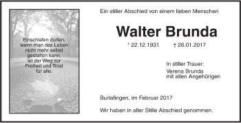 Traueranzeige von Walter Brunda von Südwest Presse