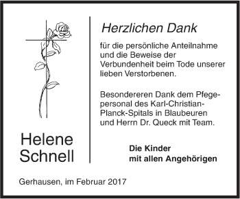 Traueranzeige von Helene Schnell von Südwest Presse