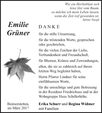 Traueranzeige von Emilie Grüner von Südwest Presse