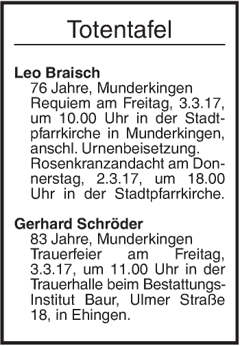 Traueranzeige von Totentafel vom 01.03.2017 von Ehinger Tagblatt