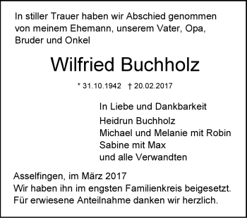 Traueranzeige von Wilfried Buchholz von Südwest Presse