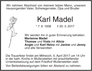 Traueranzeige von Karl Madel von Südwest Presse