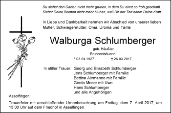 Traueranzeige von Walburga Schlumberger von Südwest Presse