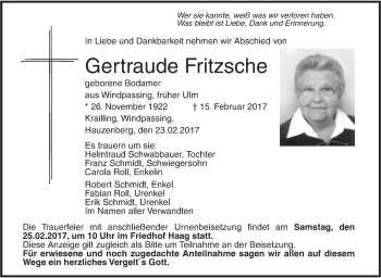 Traueranzeige von Gertraude Fritzsche von Südwest Presse