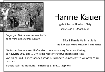 Traueranzeige von Hanne Kauer von Südwest Presse