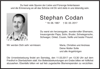 Traueranzeige von Stephan Codan von Illertal Bote