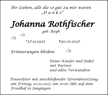 Traueranzeige von Johanna Rothfischer von Südwest Presse