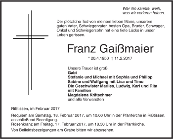 Traueranzeige von Franz Gaißmaier von Ehinger Tagblatt