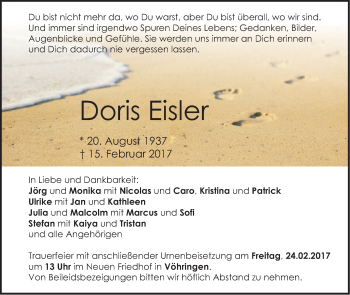 Traueranzeige von Doris Eisler von Südwest Presse