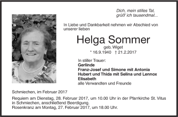 Traueranzeige von Helga Sommer von Ehinger Tagblatt