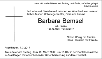 Traueranzeige von Barbara Bemsel von Südwest Presse