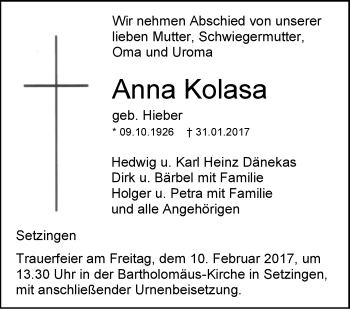 Traueranzeige von Anna Kolasa von Südwest Presse