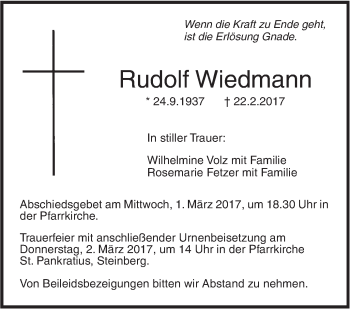 Traueranzeige von Rudolf Wiedmann von Südwest Presse