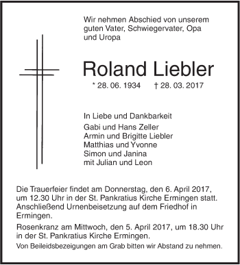 Traueranzeige von Roland Liebler von Südwest Presse