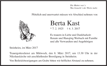 Traueranzeige von Berta Kast von Südwest Presse